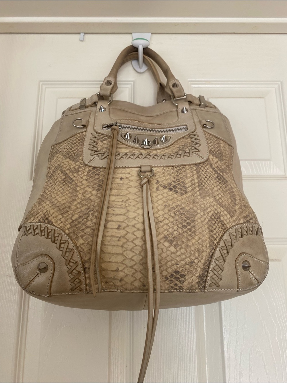 Sam Edelman Beige Python-Print Shoulder Bag with Stud & Braided Details